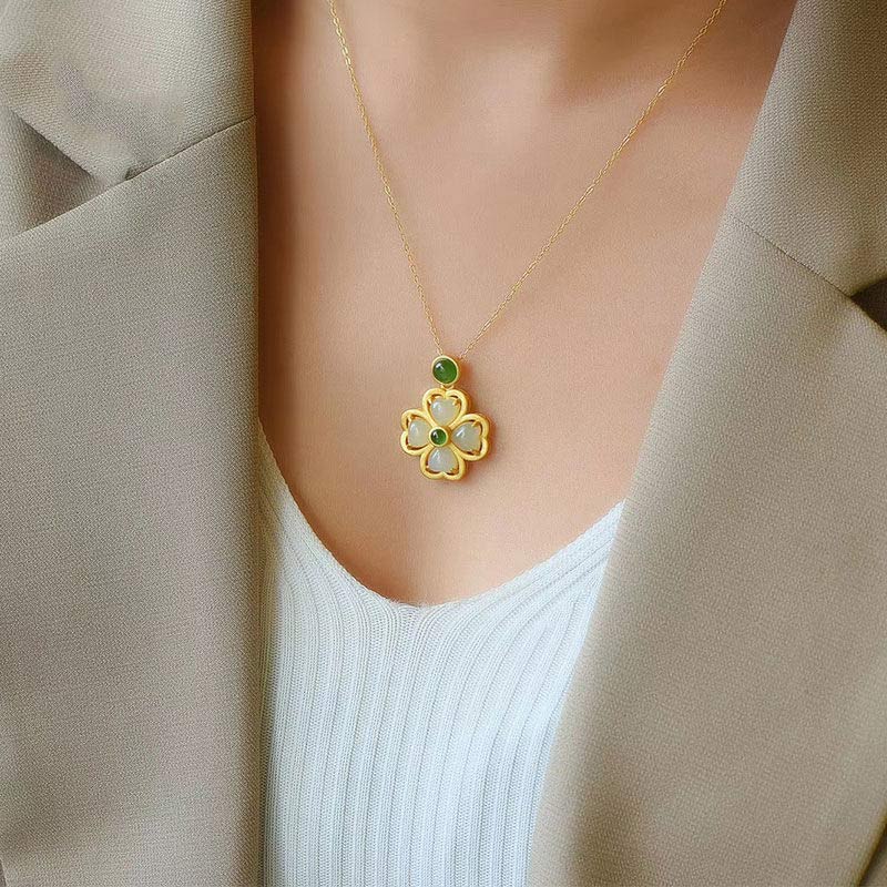 Wear FengShui 925 Sterling Silver Lucky Four Leaf Clover Jade Prosperity Necklace Chain Pendant