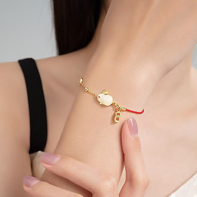 Wear FengShui Year of the Rabbit White Jade Happiness Red String Chain Bracelet