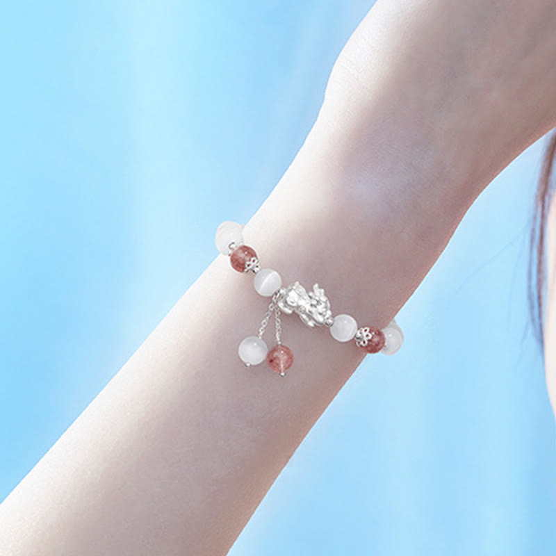 Wear FengShui Natural Cat's Eye Moonstone Strawberry Quartz PiXiu Support Bracelet