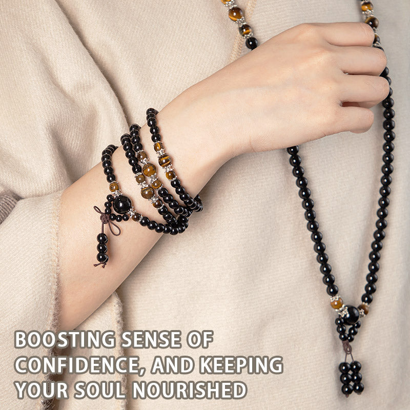 Wear FengShui 108 Beads Natural Black Obsidian Tiger Eye Mala Bracelet