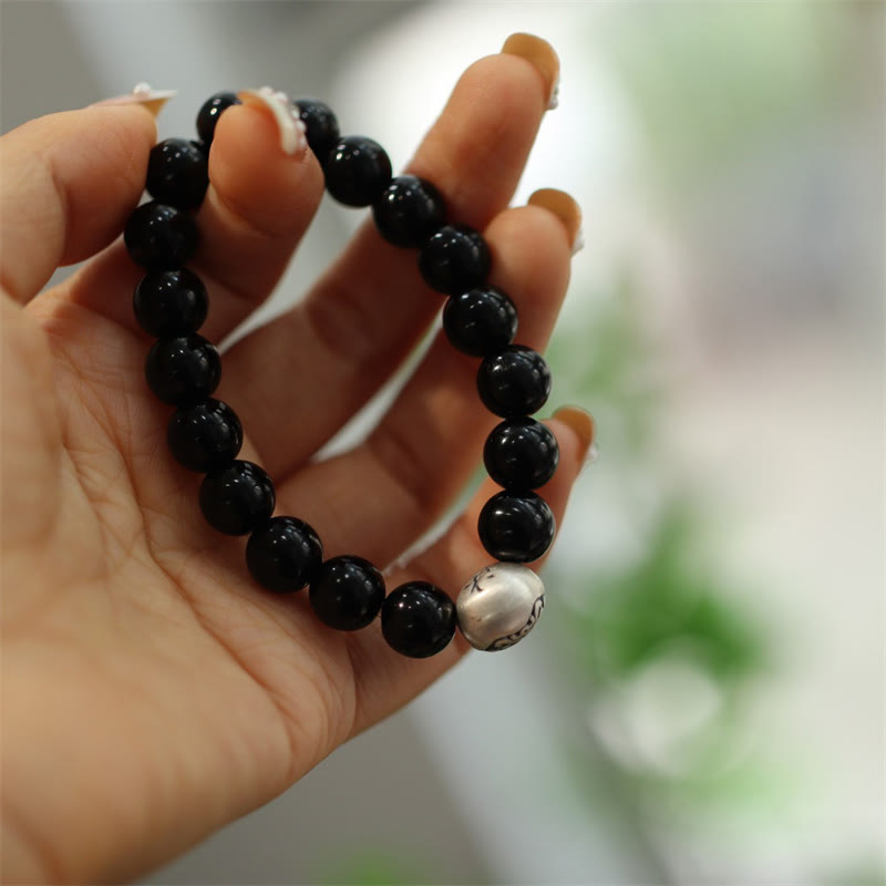 Wear FengShui 925 Sterling Silver Black Onyx Bead Character Engraved Protection Bracelet