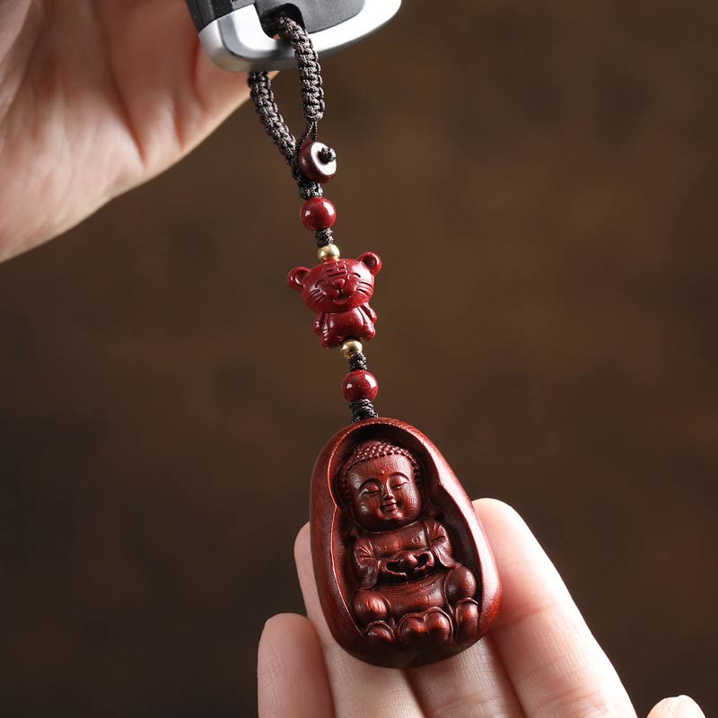 Wear FengShui Small Leaf Red Sandalwood Buddha Cinnabar Chinese Zodiac Amulet Protection Key Chain