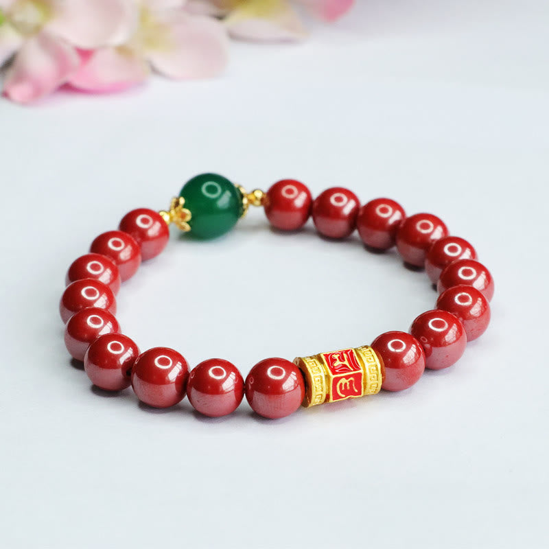 Wear FengShui Natural Cinnabar Green Agate Om Mani Padme Hum Pattern Blessing Bracelet