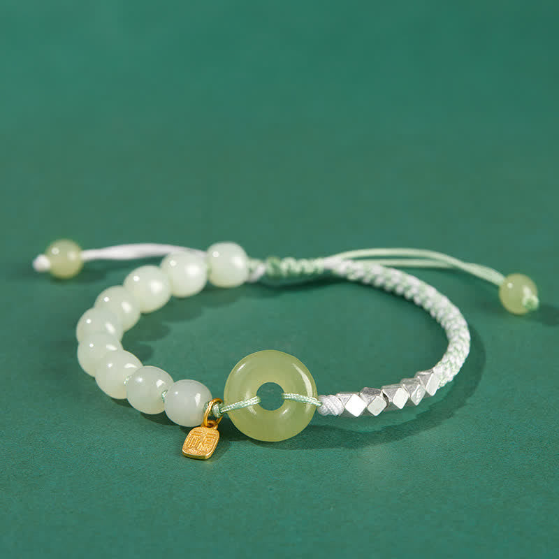 Wear FengShui 925 Sterling Silver Hetian Jade Peace Buckle Beaded Luck Happiness Charm Bracelet
