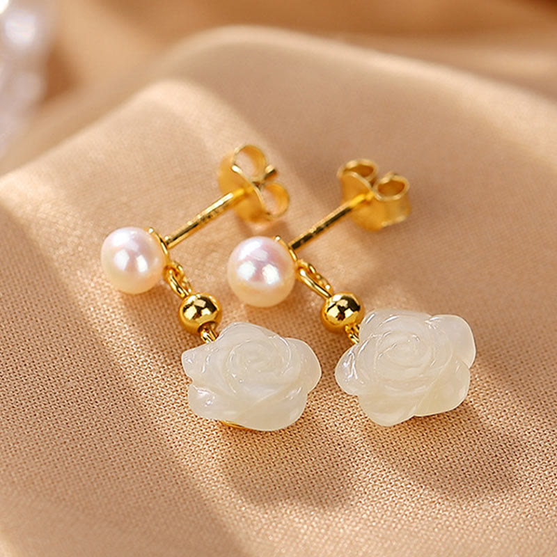 Wear FengShui 925 Sterling Silver Plated Gold Jade Rose Flower Cyan Jade Pearl Luck Earrings