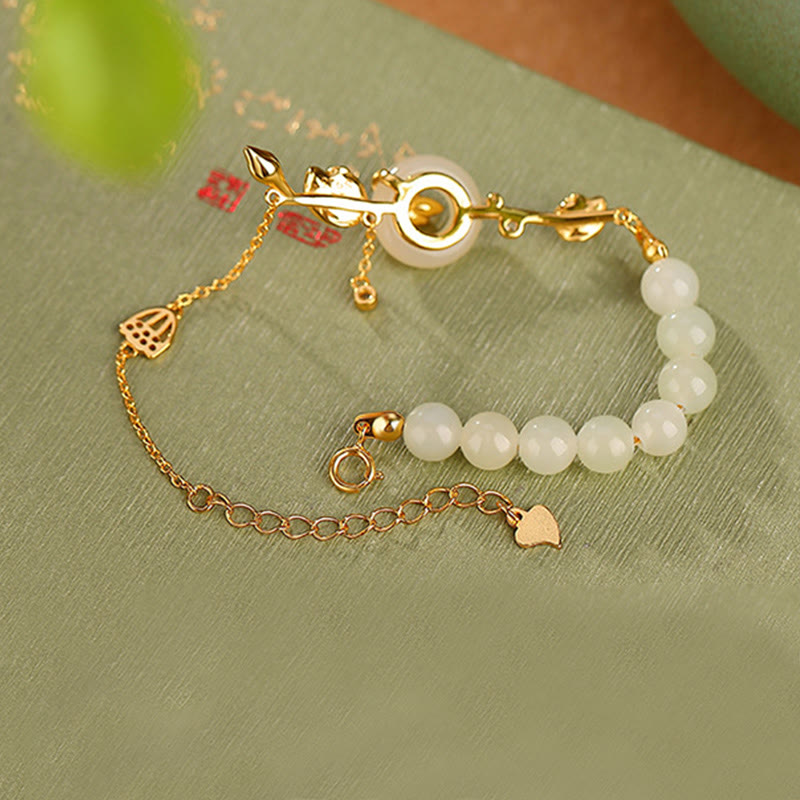 Wear FengShui 925 Sterling Silver Hetian Jade Peace Buckle Lotus Luck Chain Bracelet