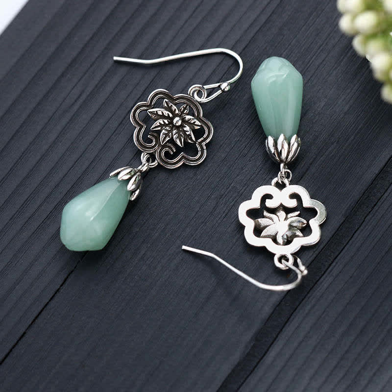 Wear FengShui Magnolia Flower Jade Water Drop Prosperity Dangle Earrings