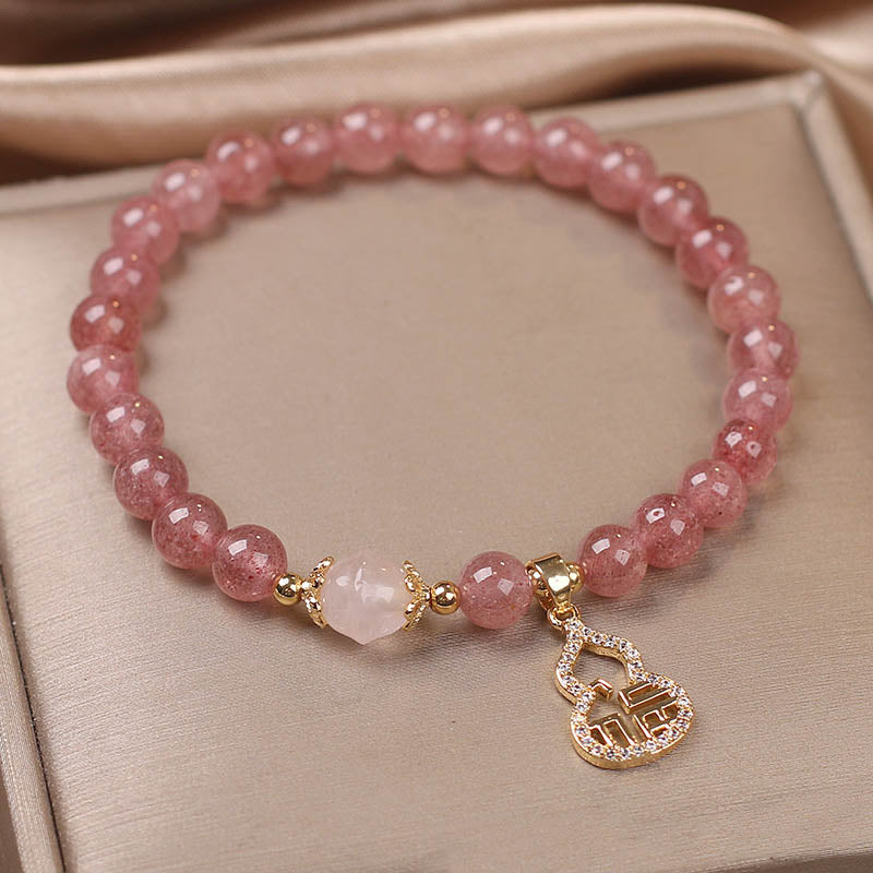 Wear FengShui Strawberry Quartz Gourd Fu Character Charm Positive Bracelet