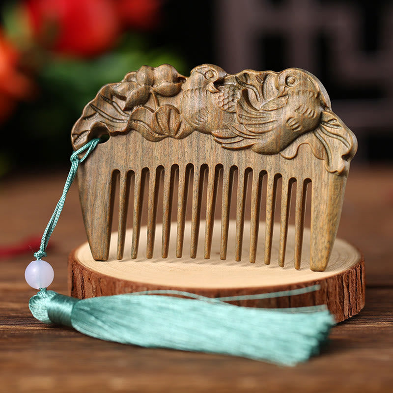Wear FengShui Green Sandalwood Fox Peony Flower Lotus Engraved Cure Tassel Comb