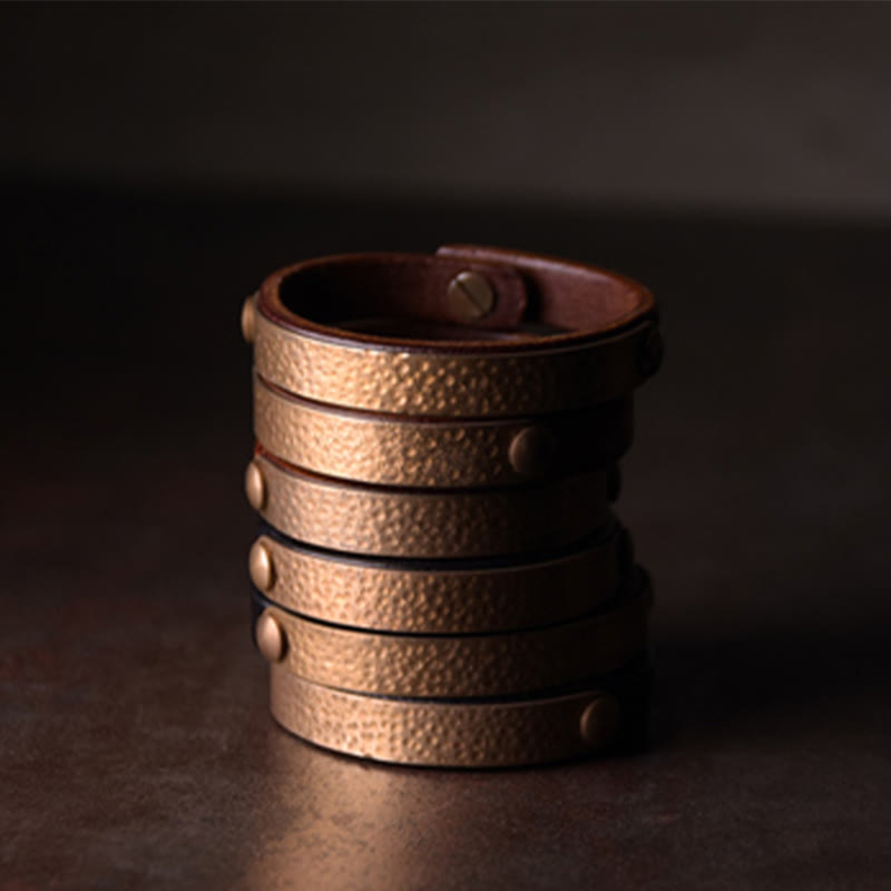 Wear FengShui Vintage Handmade Texture Copper Brass Leather Wealth Bracelet Bangle