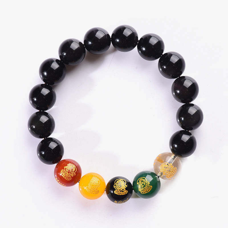Wear FengShui Gold Sheen Obsidian Rainbow Obsidian Black Obsidian Five Directions Gods of Wealth Bracelet