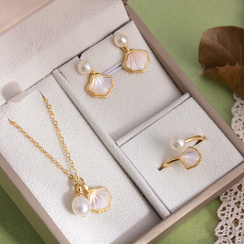 Wear FengShui Ginkgo Tridacna Stone Pearl Bead Copper Blessing Necklace Pendant Ring Earrings Set