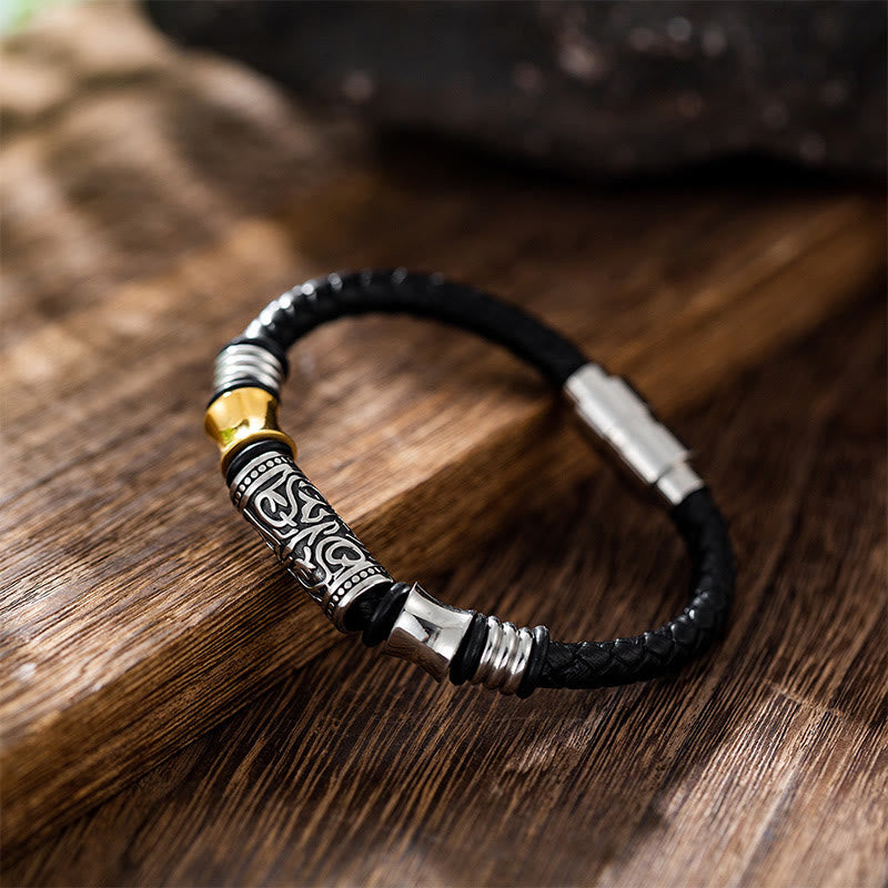 Wear FengShui Tang Dynasty Flower Design Luck Stainless Steel Buckle Leather Bracelet
