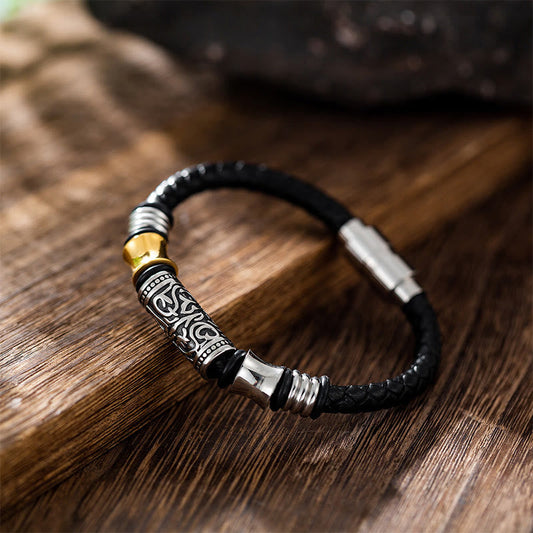 Wear FengShui Tang Dynasty Flower Design Luck Stainless Steel Buckle Leather Bracelet