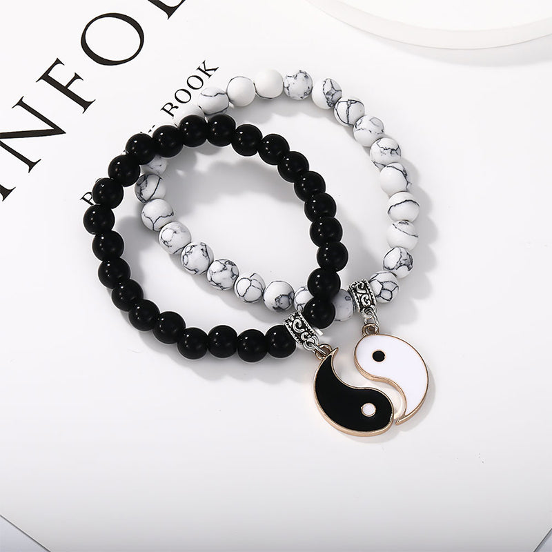 Wear FengShui 2Pcs Black Onyx White Turquoise Bead Yin Yang Protection Couple Bracelet
