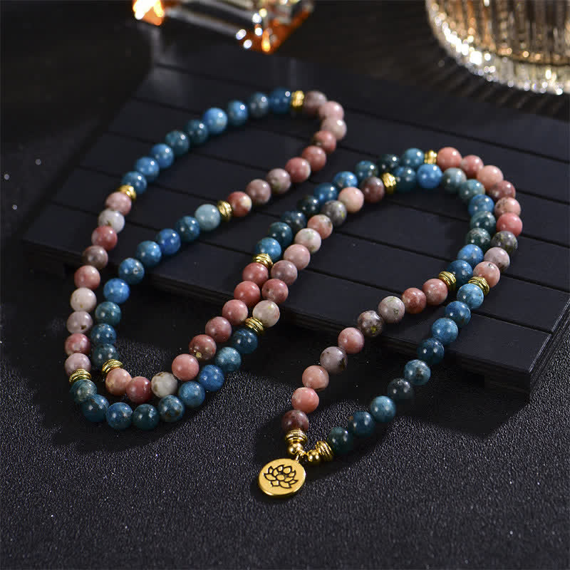 Wear FengShui Lazurite Picasso Jasper Amazonite Rhodonite Apatite Positive Lotus Prayer Bead Bracelet