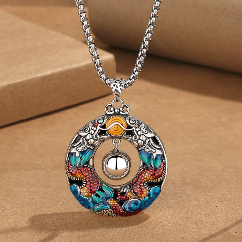 Wear FengShui Year of the Dragon Colorful Double Dragons Playing Bead Copper Protection Necklace Pendant