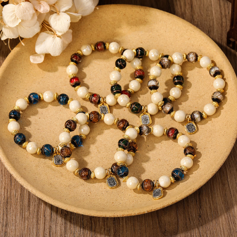 Wear FengShui Tibetan Zakiram Goddess of Wealth Charm Liuli Glass Incense Ash Porcelain Bead Protection Bracelet