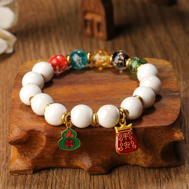 Wear FengShui Tibetan Incense Ash Porcelain Luminous Fluorescent Liuli Glass Bead Gourd Copper Coin Charm Peace Bracelet
