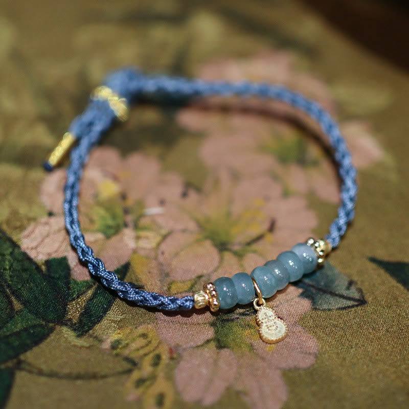 Wear FengShui 925 Sterling Silver Natural Jade Gourd Rutilated Quartz Fu Character Luck Braid Bracelet
