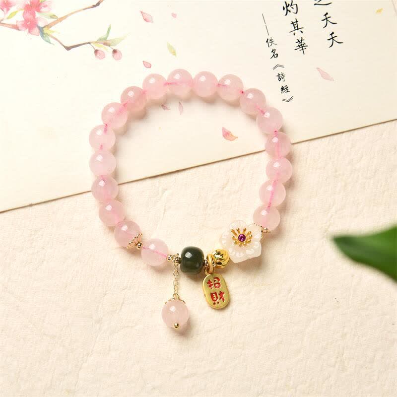 Wear FengShui Natural Pink Crystal Jade Flower Warm Love Bracelet
