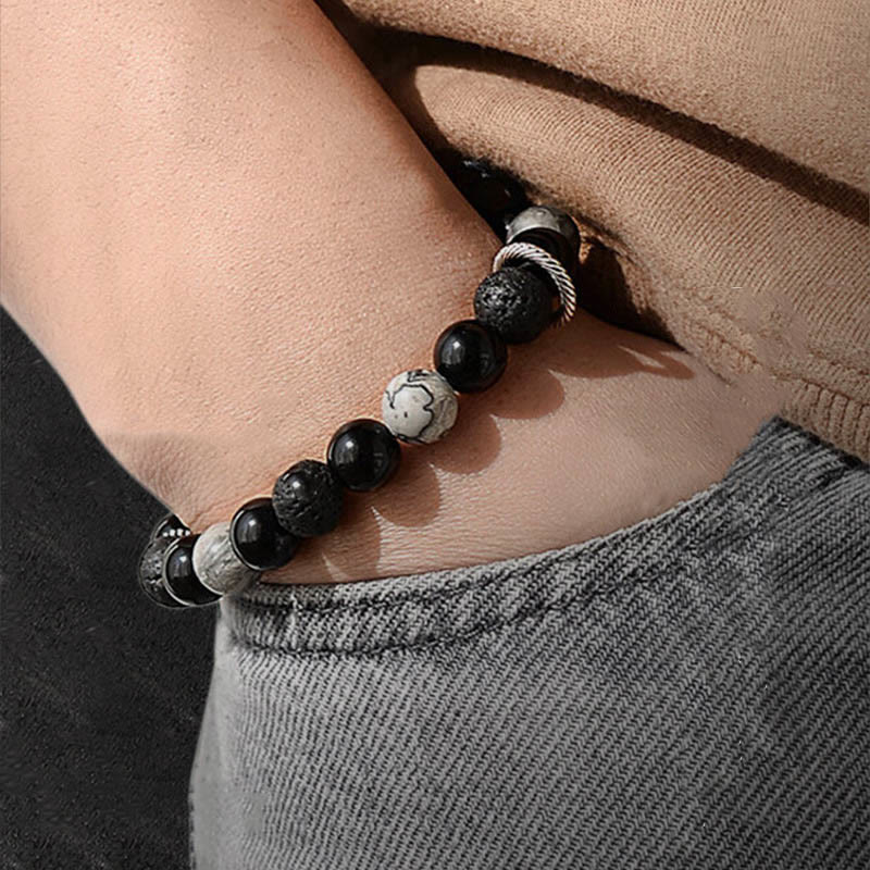 Wear FengShui Vintage Lava Rock Black Obsidian Picasso Jasper Beads Support Rope Bracelet