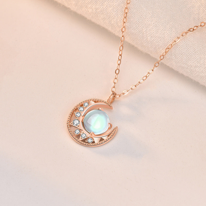 Wear FengShui 925 Sterling Silver Moonstone Moon Pattern Love Necklace Pendant