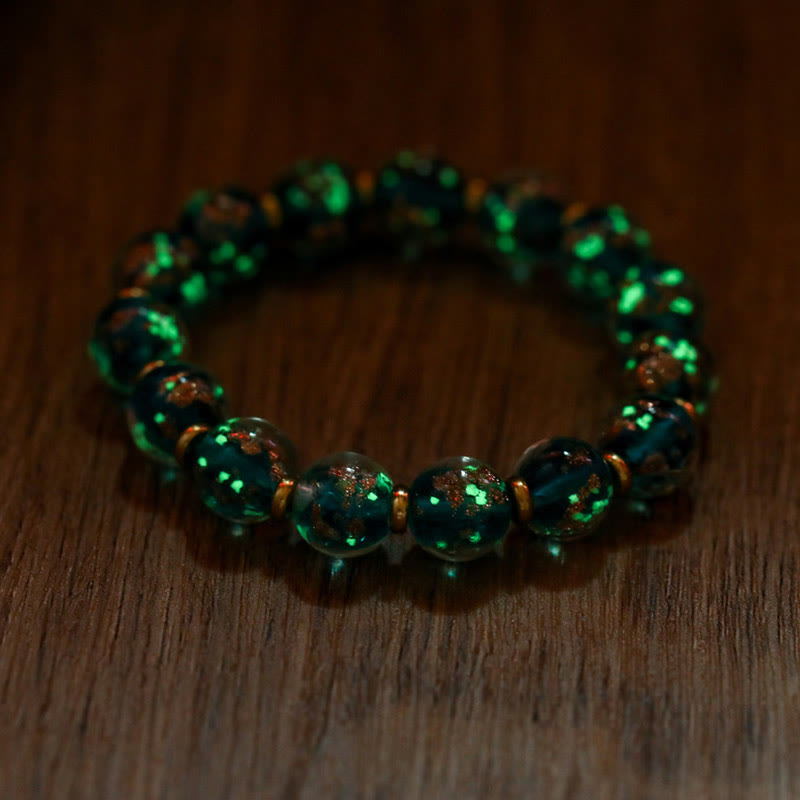 Wear FengShui Gold Swallowing Beast Family Charm Luminous Fluorescent Liuli Glass Bead Success Bracelet