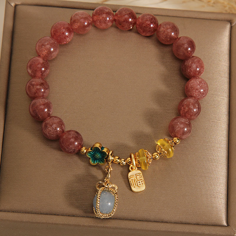 Wear FengShui Natural Strawberry Quartz Crystal Aquamarine Fortune Brand Love Bracelet