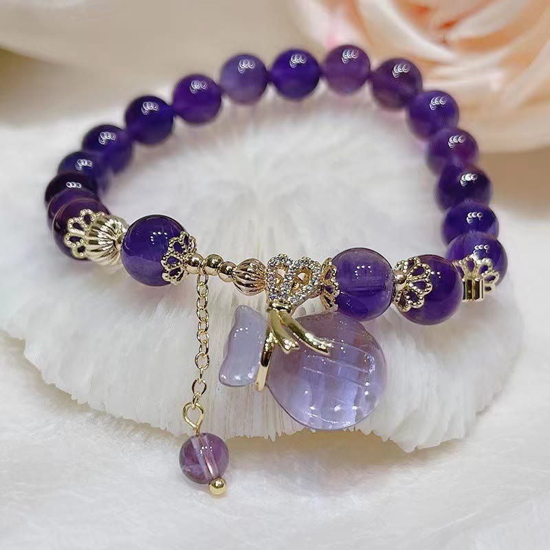Wear FengShui Natural Amethyst Crystal Money Bag Charm Positive Bracelet