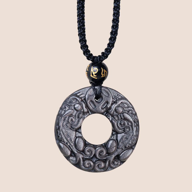 Wear FengShui Natural Silver Sheen Obsidian Double PiXiu Copper Coin Peace Buckle Protection Necklace Pendant
