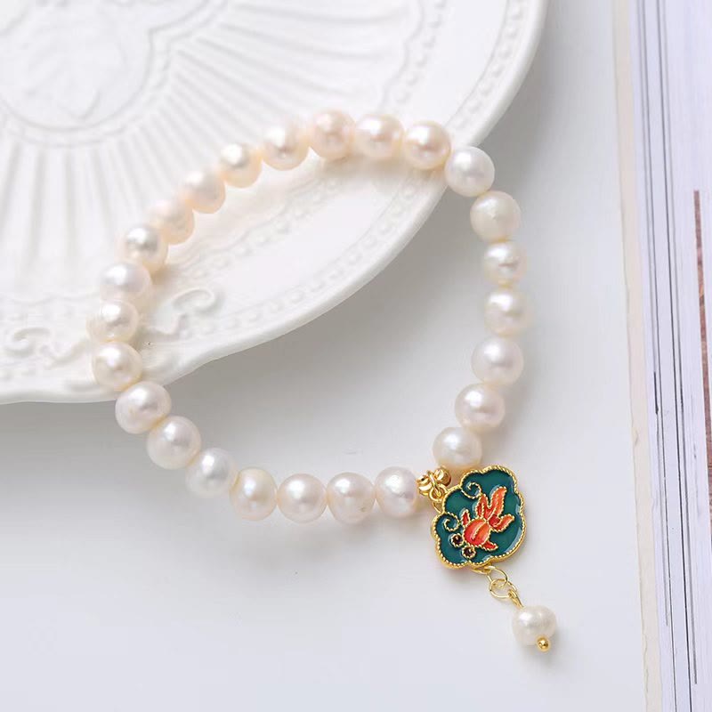Wear FengShui Natural Pearl Lotus Koi Fish Goldfish Optimism Charm Bracelet