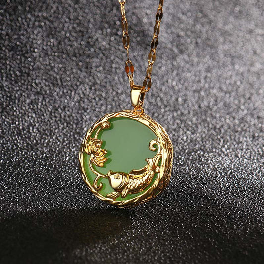 Wear FengShui Natural Jade Koi Fish Lotus Luck Necklace Pendant