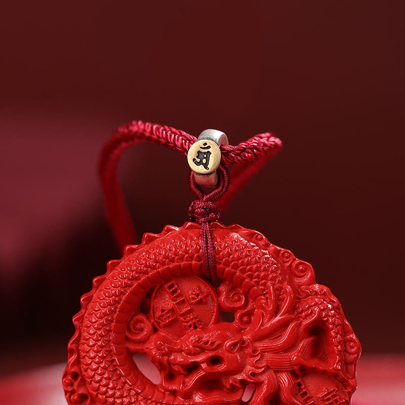 Wear FengShui Year of the Dragon 925 Sterling Silver Natural Cinnabar Copper Coin Luck Necklace Pendant