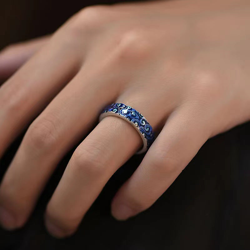 Wear FengShui Blue Auspicious Clouds Design Healing Copper Adjustable Ring