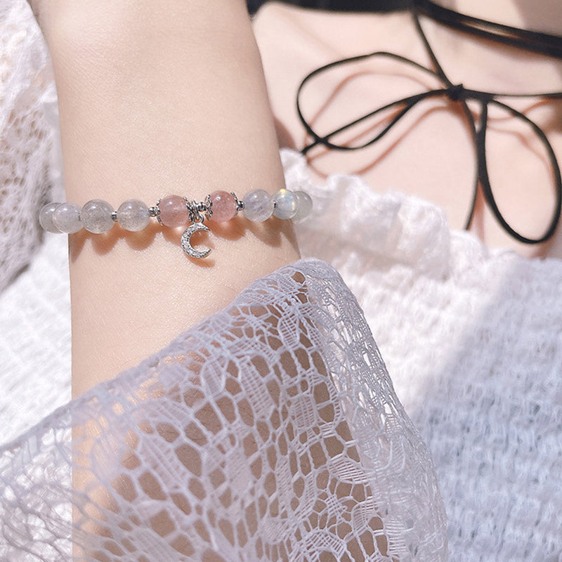 Wear FengShui Strawberry Quartz Moonstone Luck Moon Charm Bracelet