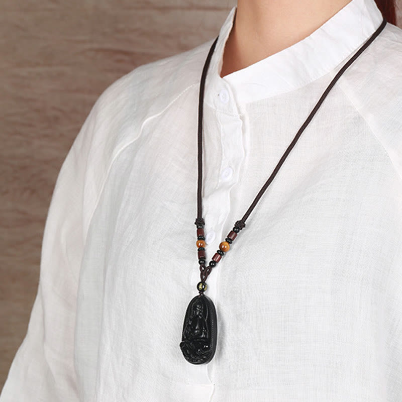 Wear FengShui Chinese Zodiac Natal Buddha Natural Black Obsidian Purification Necklace Pendant