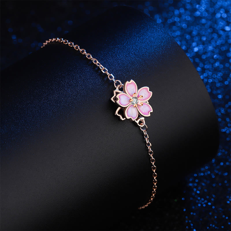 Wear FengShui 925 Sterling Silver Cherry Blossom Blessing Chain Bracelet Rotatable Ring