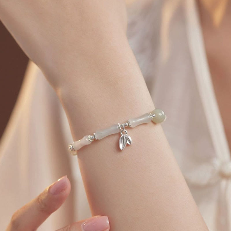 Wear FengShui 925 Sterling Silver Natural Tianshan Jade Bamboo Charm Luck Bracelet