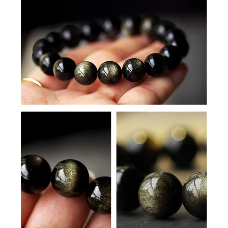 Wear FengShui 925 Sterling Silver Chinese Zodiac Natal Buddha Natural Gold Sheen Obsidian Amber Wealth Protection Bracelet