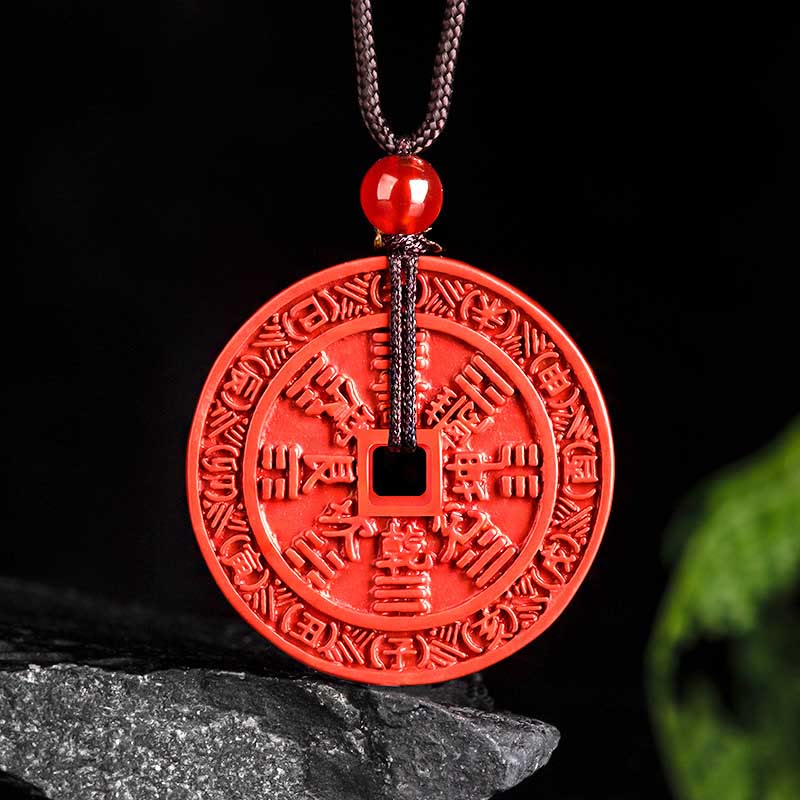 Wear FengShui Natural Cinnabar Mountain Ghosts Spend Money Bagua Design Blessing Necklace Pendant