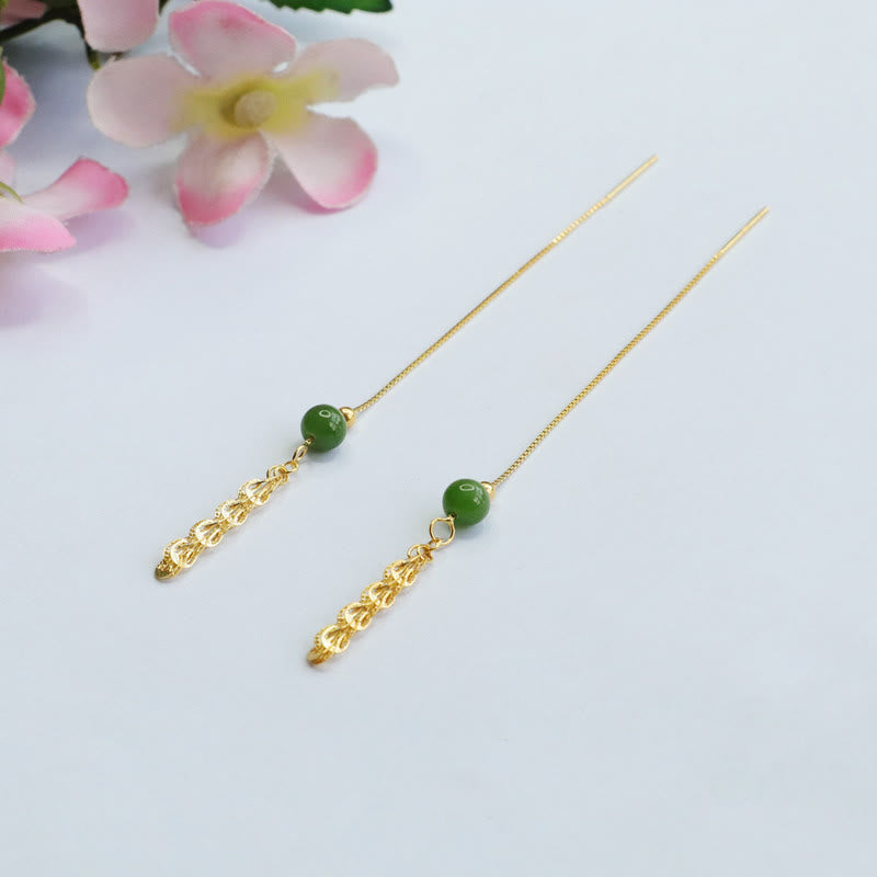 Wear FengShui 925 Sterling Silver Natural Hetian Cyan Jade Bead Luck Phoenix Tail Drop Earrings