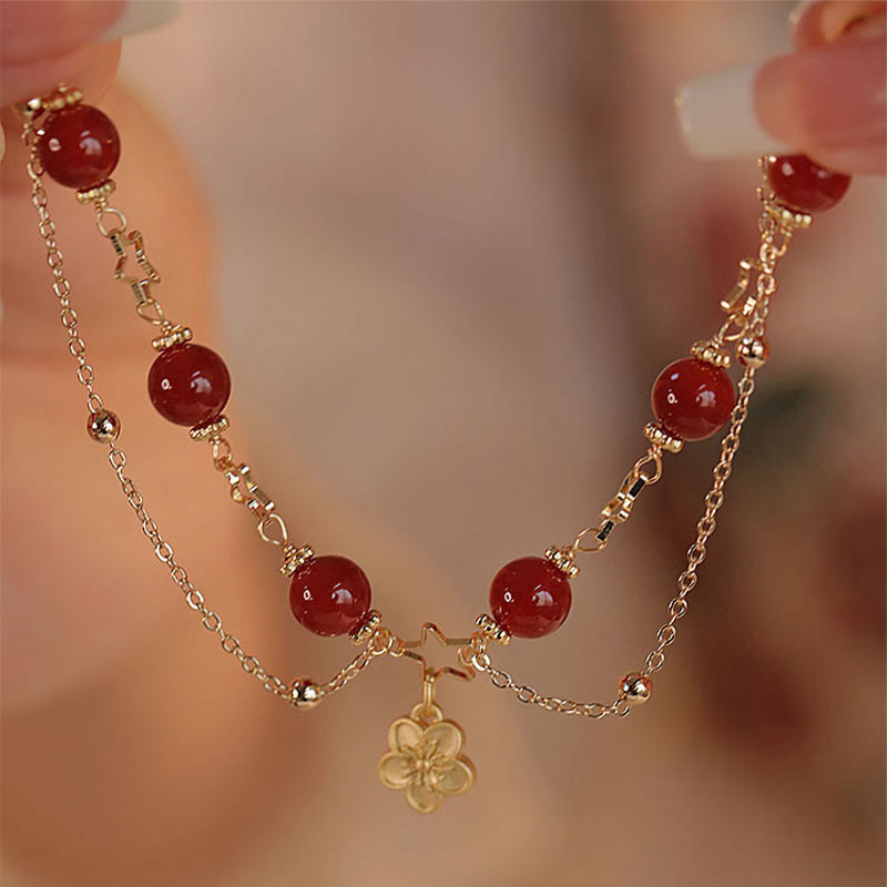 Wear FengShui 14k Gold Plated Red Agate Star Flower Charm Calm Bracelet