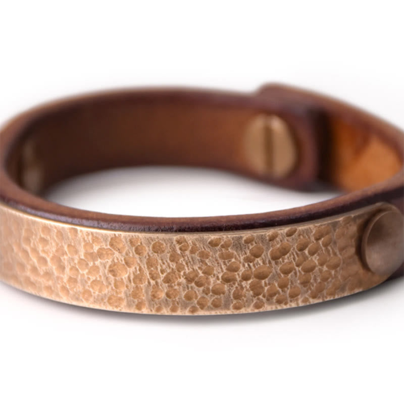 Wear FengShui Vintage Handmade Texture Copper Brass Leather Wealth Bracelet Bangle