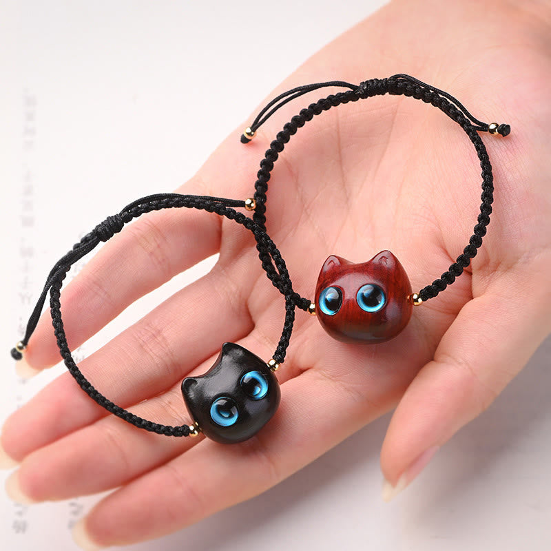 Wear FengShui Small Leaf Red Sandalwood Ebony Wood Cute Cat Head Calm Protection Braided Bracelet