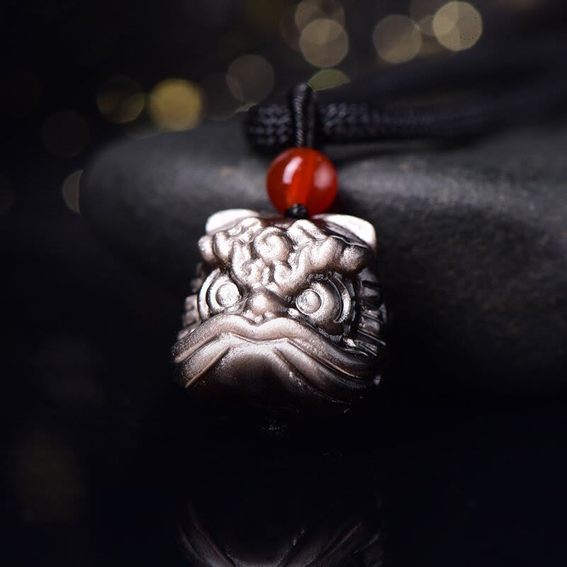 Wear FengShui Natural Silver Sheen Obsidian Dancing Lion Protection Necklace Pendant
