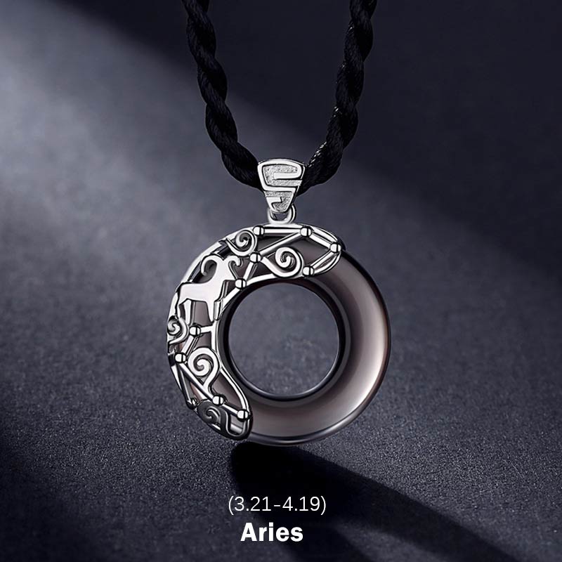 Wear FengShui 12 Constellations of the Zodiac Ice Obsidian Blessing Round Pendant Necklace