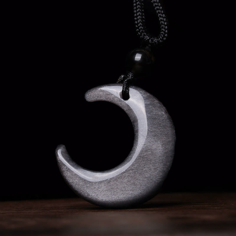 Wear FengShui Natural Silver Sheen Obsidian Selenite Crystal Crescent Moon Yin Yang Couple Protection Necklace Pendant
