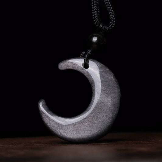 Wear FengShui Natural Silver Sheen Obsidian Selenite Crystal Crescent Moon Yin Yang Couple Protection Necklace Pendant