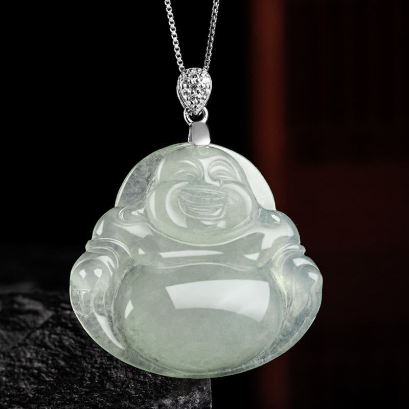 Wear FengShui Natural Jade Laughing Buddha Prosperity Abundance Titanium Steel Chain Necklace Pendant